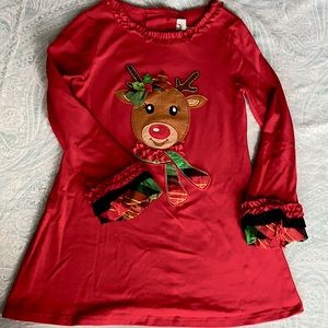 Holiday dress with reindeer appliqué